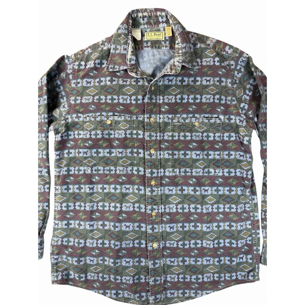 L.L. Bean Chamois Cloth Shirt Mens M Geometric Southwest USA Cotton